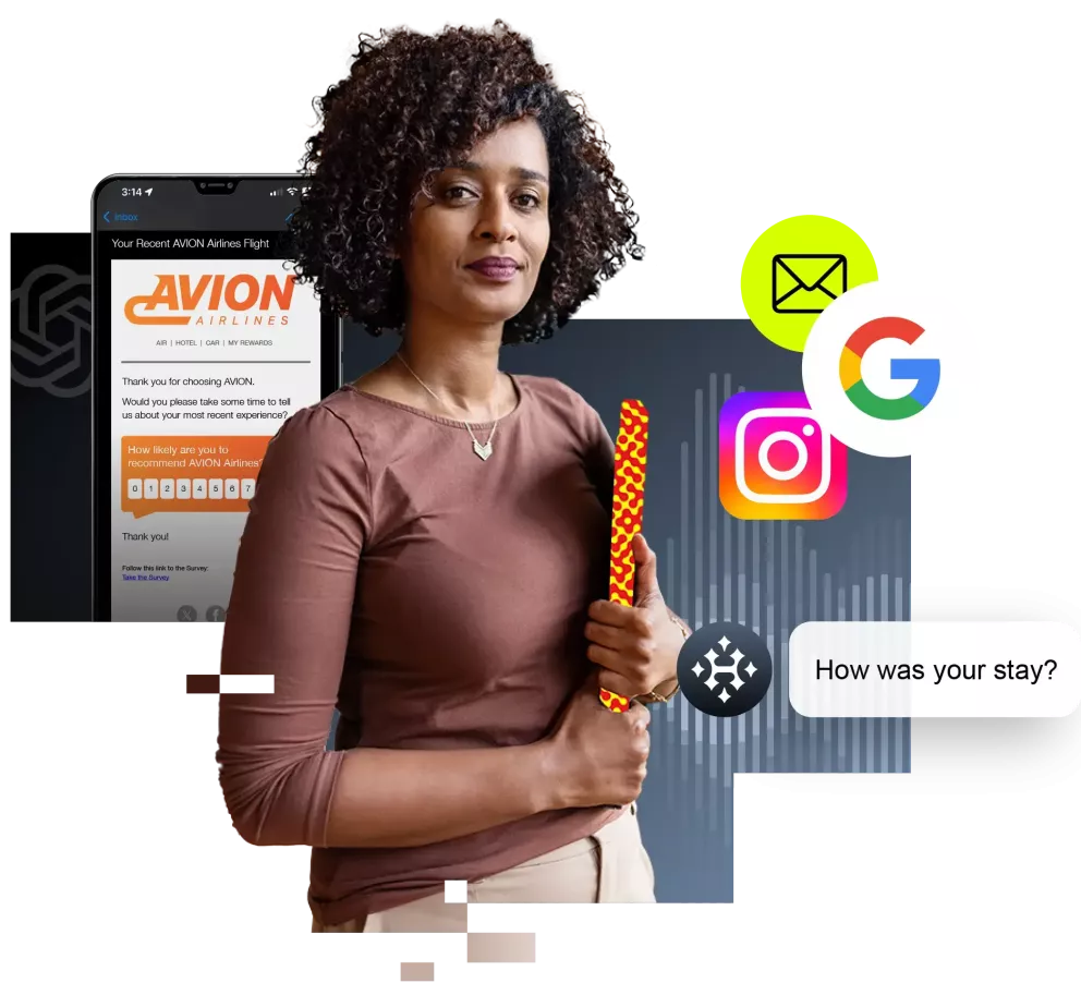 Uma mulher cercada de logotipos de redes sociais, uma assistência de IA proativa e uma landing page de marca.